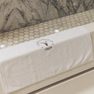 Pure cotton bath mat in white is shown at the edge of a bath tub ready to be used.