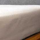 Loch Lomond Linen's white fitted sheet is shown from the side on a mattress. The bed sheet is available in single, double, king, super king and emperor sizes.